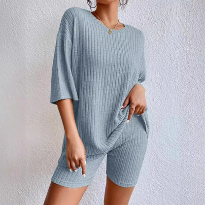 Fashionable Knitted Loose Casual Round Neck Summer Shorts Top Set Women'S Clothing Comfortable Breathable Solid Color Shorts Set