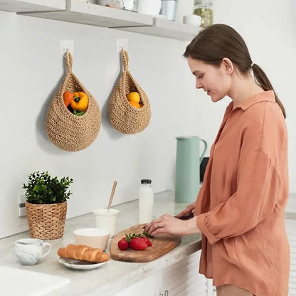 Wall-mounted Vegetable Basket Fruit Sundry Basket Natural Wicker Weave Storage Basket Kitchen Storage Home Decoration Organizer