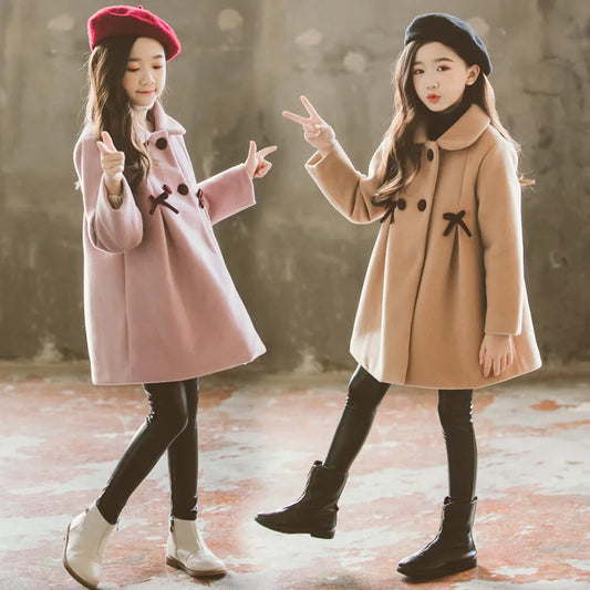 Girls Wool Coat Autumn Winter Korean Version Long Kids Jacket Double Breasted Children Outerwear Clothing