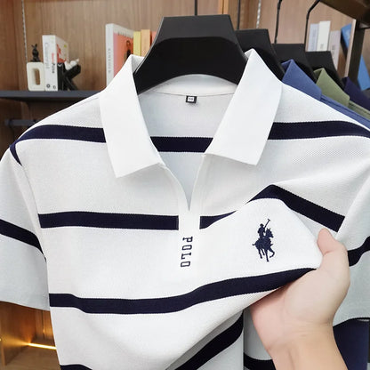 New Summer High-end Men's Embroidered Cotton Polo Shirt, Striped Lapel Short Sleeve, Young Casual Versatile Base T-shirt Tops