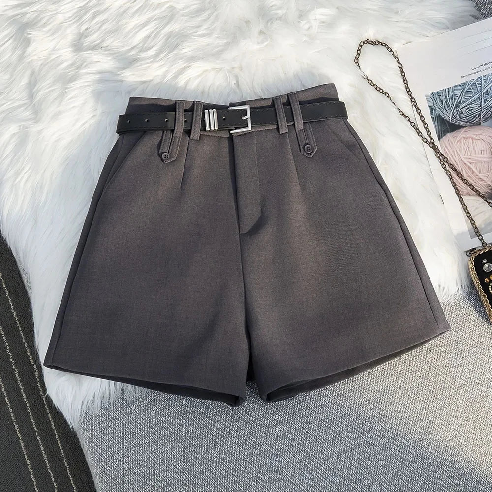 Gray Suit Short Pants Women's Casual High Waist Loose Wide Leg A- Line Pants Versatile Loose Fit Summer Outerwear Shorts