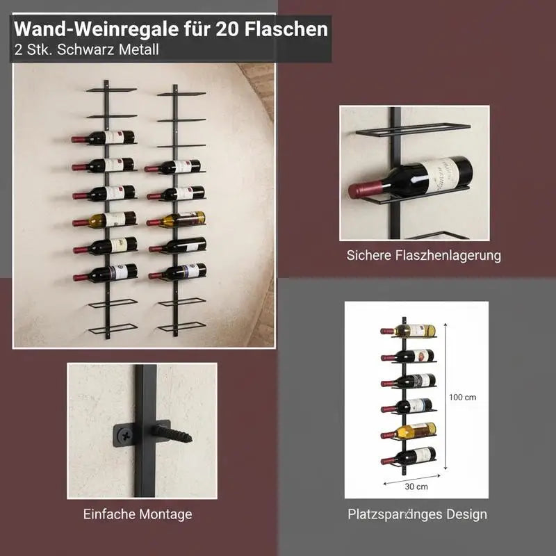 Set of 2 Black Metal Wall Mounted Wine Racks, Holds 20 Bottles, Wine Holder with Mounting Accessories Included