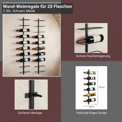 Set of 2 Black Metal Wall Mounted Wine Racks, Holds 20 Bottles, Wine Holder with Mounting Accessories Included