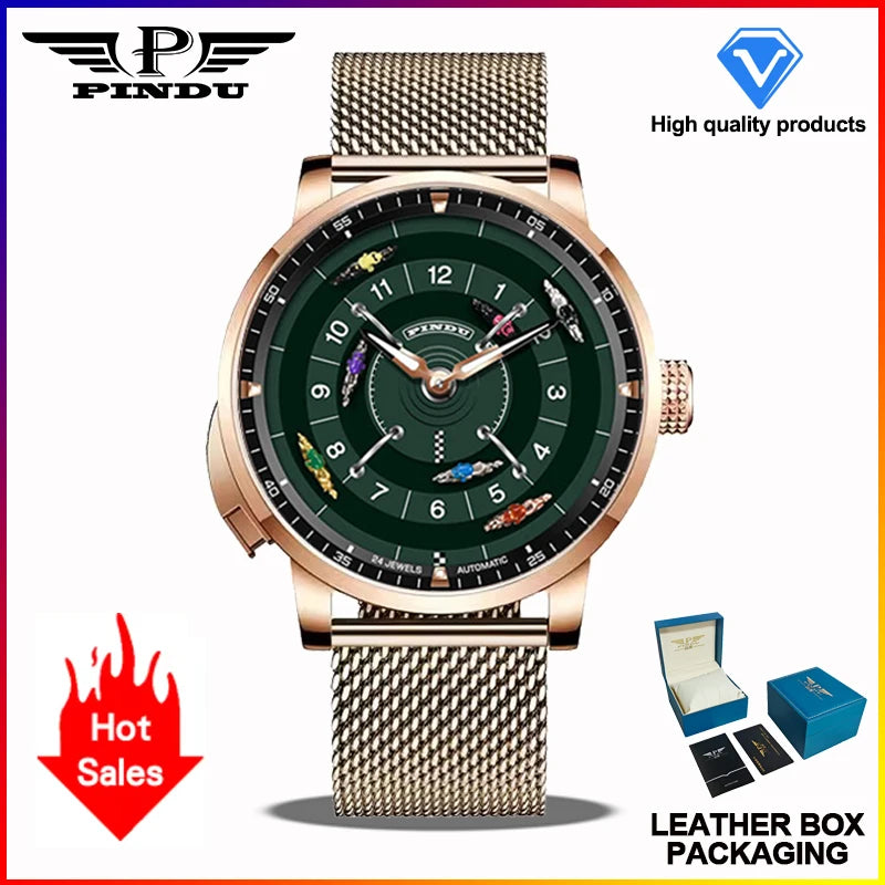 PINDU New Horse Racing Series Men Mechanical Watch NH35 Movement Horse Racing Wheel Game Design Sapphire 50m Waterproof Watch
