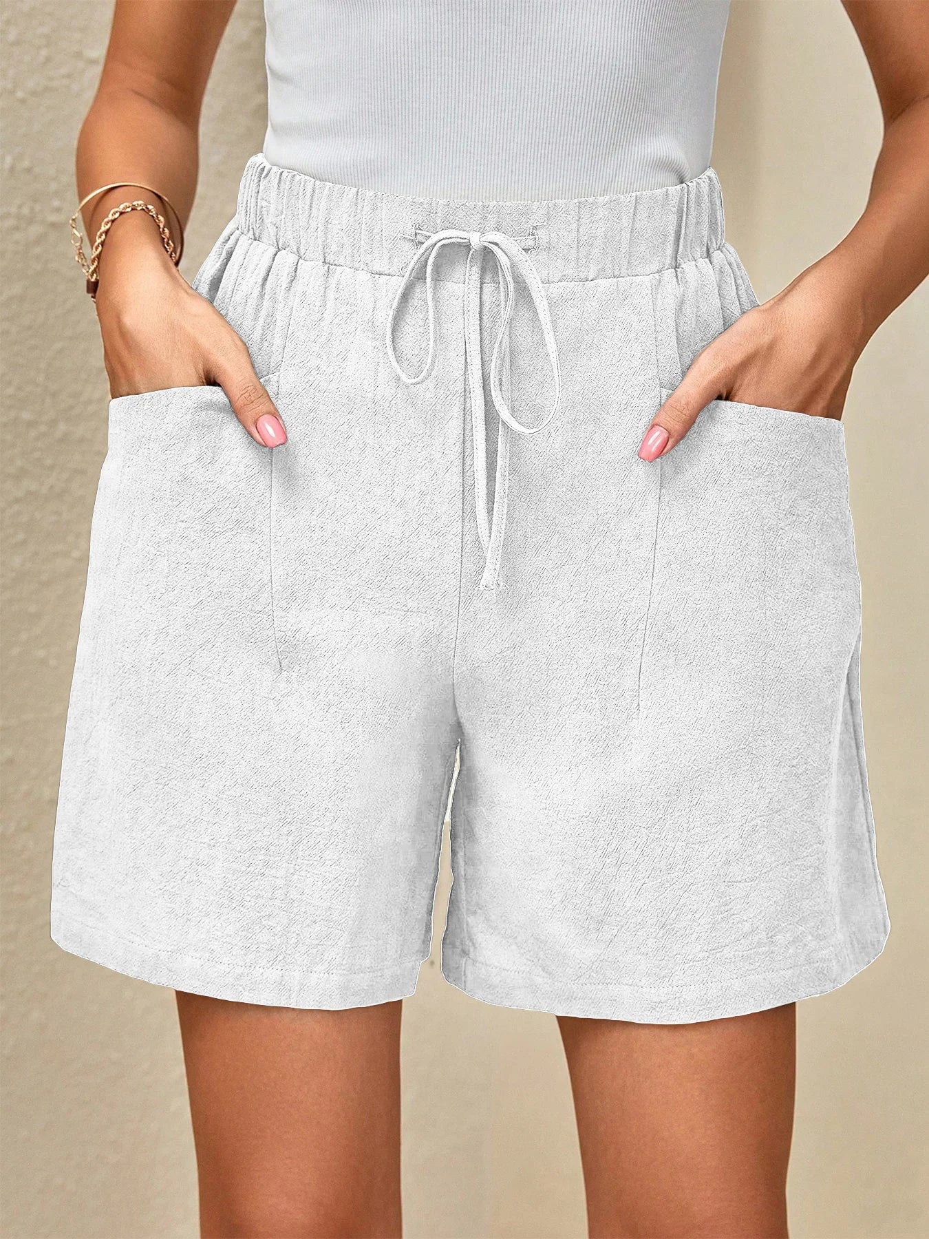 Spring Summer Linen Solid Color Casual Sports Elastic Waist Drawstring Shorts Slimming Versatile Summer Shorts