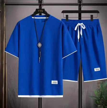 Men's Summer Waffle Set Brand Fashion Casual T-shirt Shorts Set Men's Sports Set Loose ComfortableSlow Running Quick Sports Suit