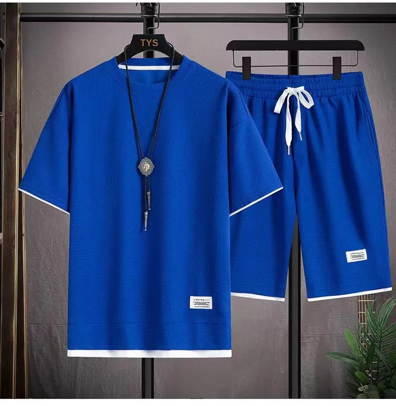 2025 New Summer Men's Waffle Set Casual T-shirt and Shorts Set Men's Sports Set Solid Color Sports Set Loose Set