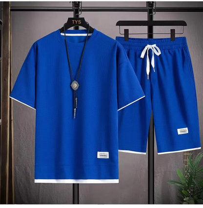 2025 New Summer Men's Waffle Set Casual T-shirt and Shorts Set Men's Sports Set Solid Color Sports Set Loose Set