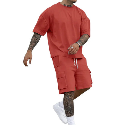 New Summer Style Fashion T-shirt and Utility Shorts Solid Color Set, a Casual and Sporty Men's Suit