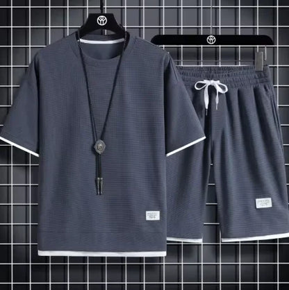 Men's Summer Waffle Set Brand Fashion Casual T-shirt Shorts Set Men's Sports Set Loose ComfortableSlow Running Quick Sports Suit