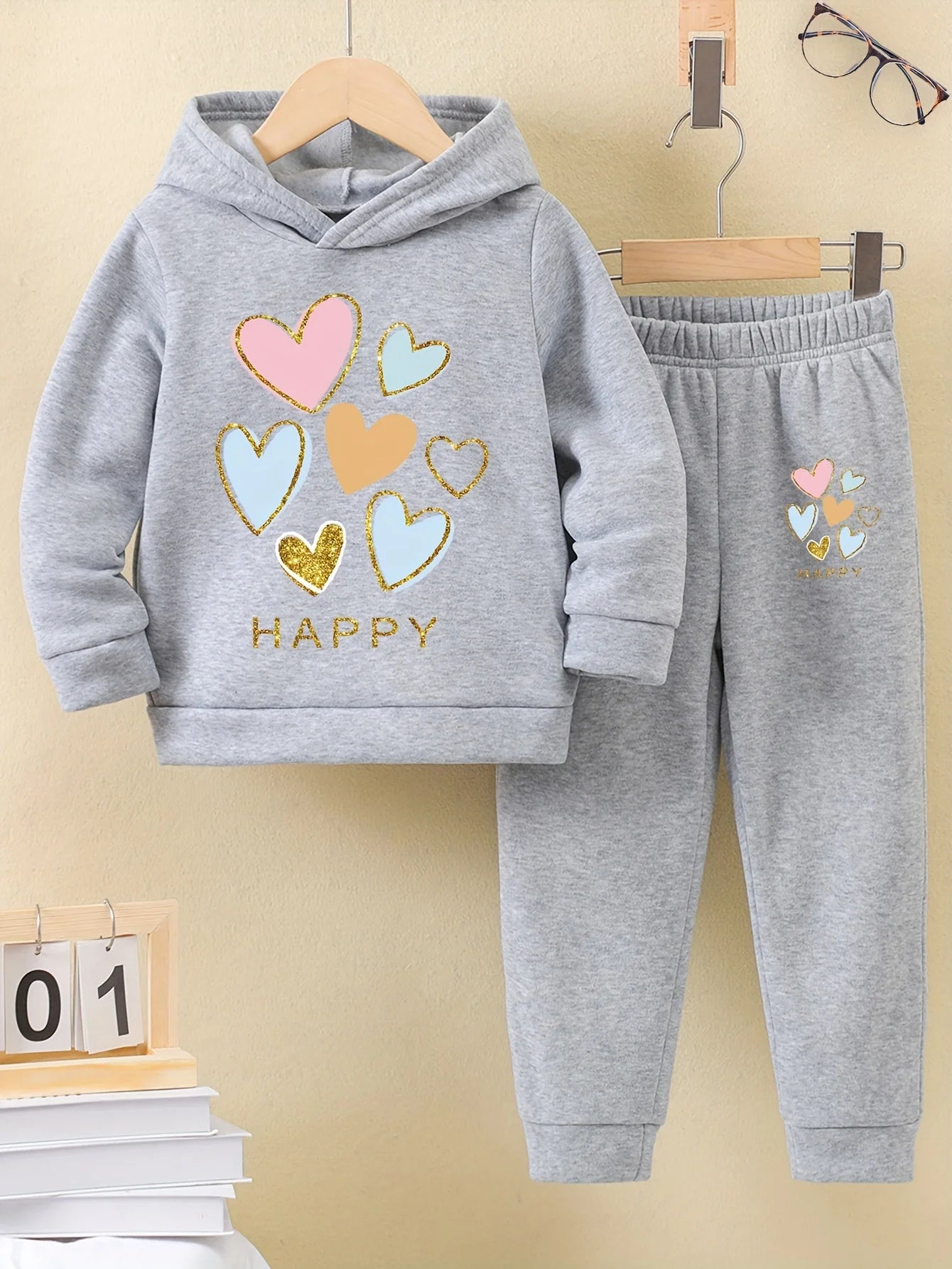 Fall/Winter new casual comfort warm girl's print warm lining hoodie and sweatpants set