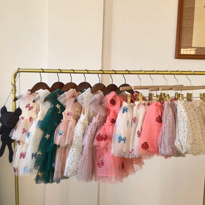 2024 Christmas KS Girls Princess Mesh Dress Kids Pretty Sequin Dresses Baby Cute Skirt Carnival Party Children Voile Dress Gifts