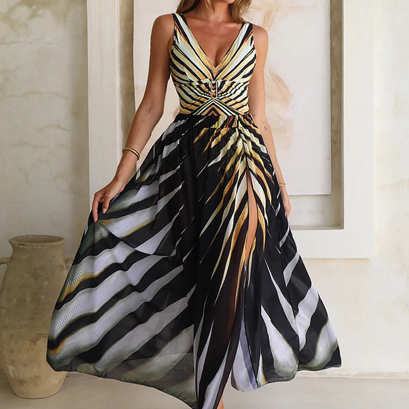 2025 New Fashion Women V-neck Tiger Stripe Print One Piece Swimsuit Skirt Summer Hollow Out Backless Vacation Dresses Swimsuit