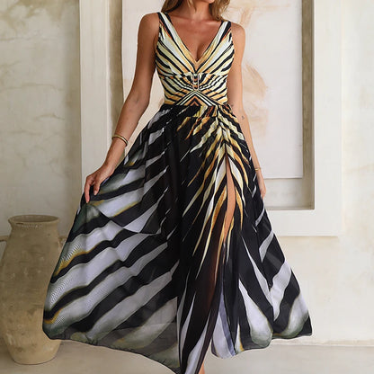 2025 New Fashion Women V-neck Tiger Stripe Print One Piece Swimsuit Skirt Summer Hollow Out Backless Vacation Dresses Swimsuit