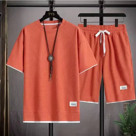 Men's Summer Waffle Set Brand Fashion Casual T-shirt Shorts Set Men's Sports Set Loose ComfortableSlow Running Quick Sports Suit