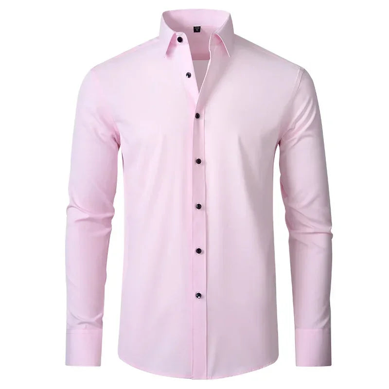 Men's long sleeved shirt, elastic, non ironing, wrinkle resistant, minimalist, business casual, silky, and traceless white shirt