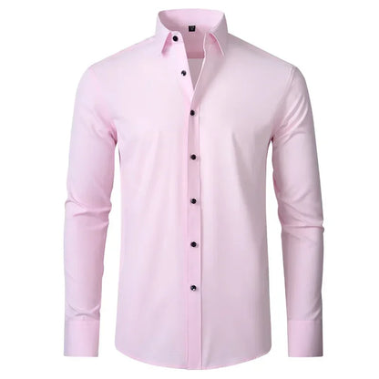 Men's long sleeved shirt, elastic, non ironing, wrinkle resistant, minimalist, business casual, silky, and traceless white shirt
