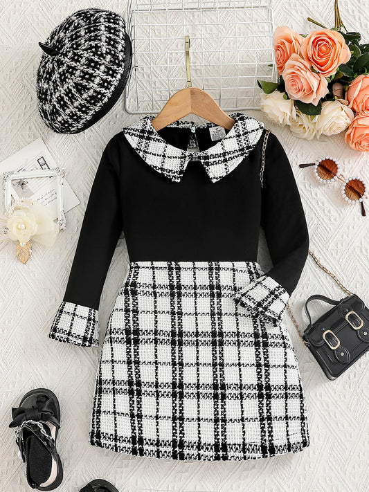 Spring and Autumn Hot Kids' Set, Girls' Fashion Collar, Plaid Long Sleeve Top, Plaid Bag Hip Skirt, 2-piece Set