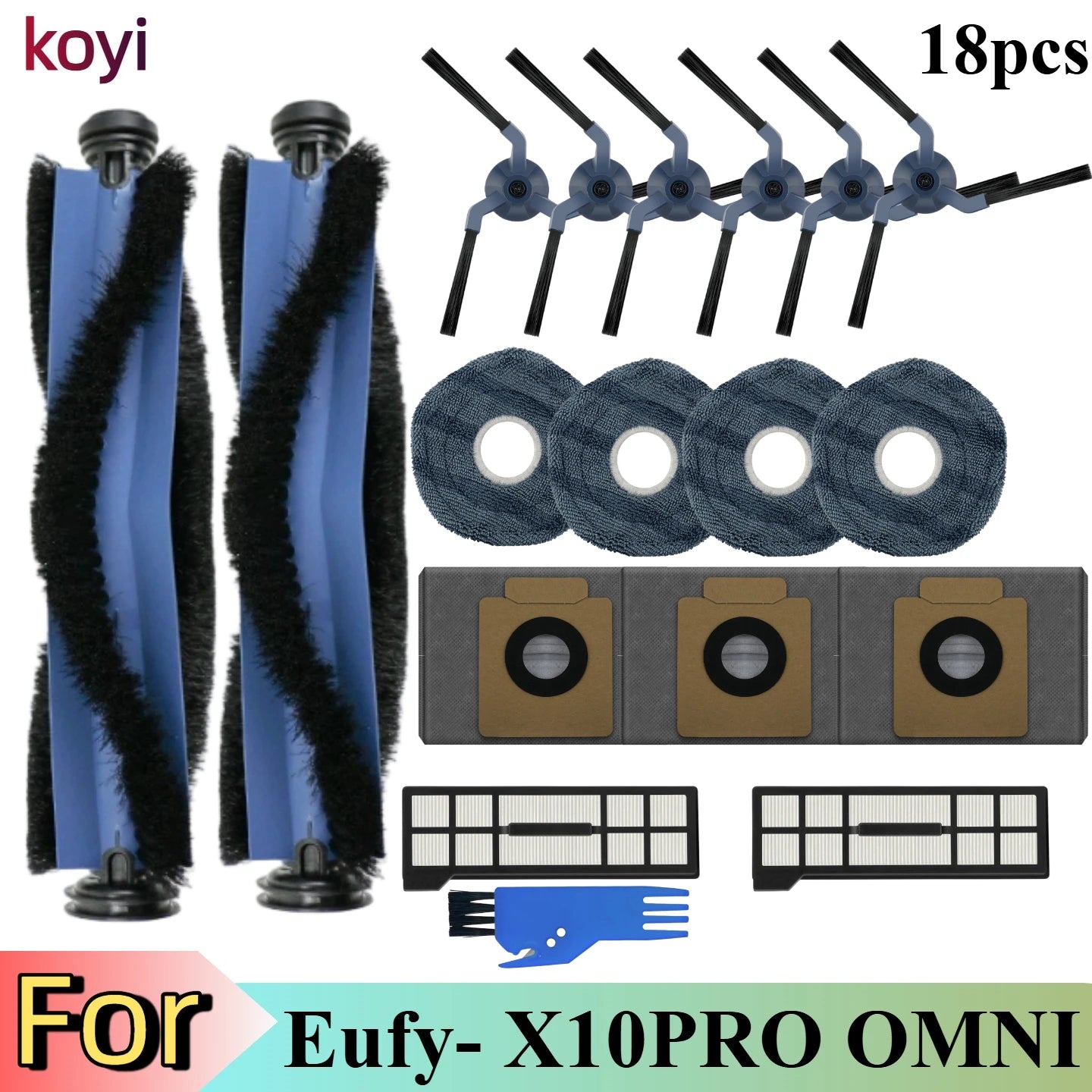 Replacement Parts Kit for Eufy X10 Pro Omni Robot Vacuum Accessories, Main Roller Brush Filters Dust Bags Side Brushes Mop Pads