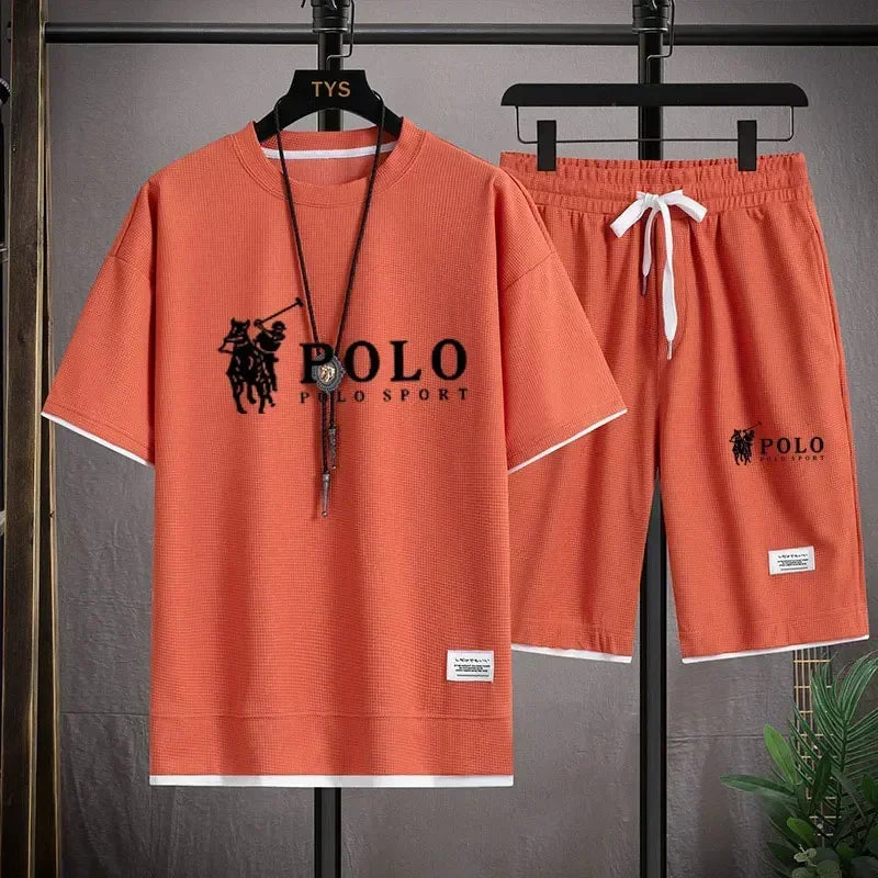 Men's two-piece short sleeved T-shirt and sports shorts summer fashion breathable casual waffle set