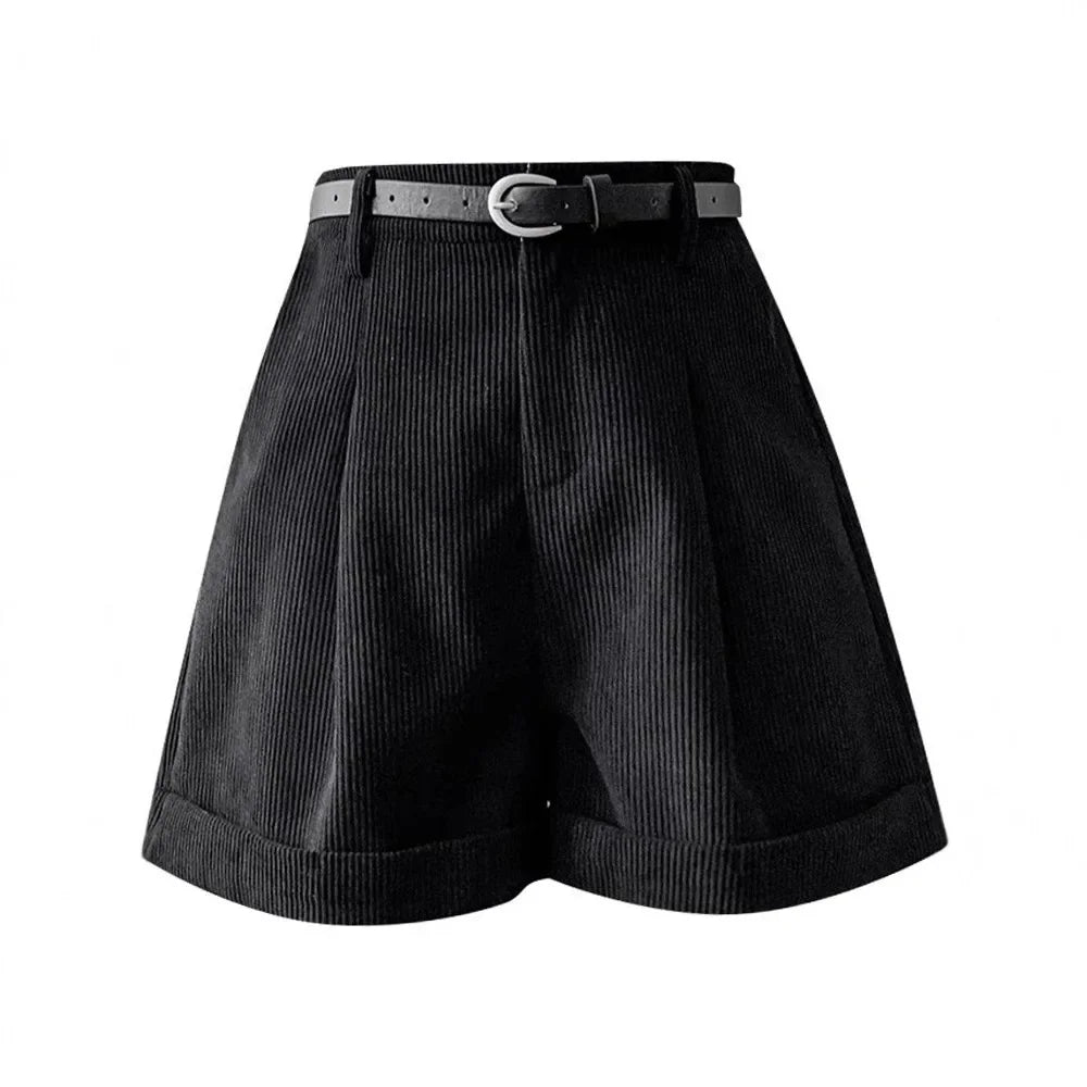 Retro Corduroy High Waist Short Pants Women's Autumn Winter Slim Wide Leg Pants Small Size Design Sense Cuffed Fashion Boot Pant