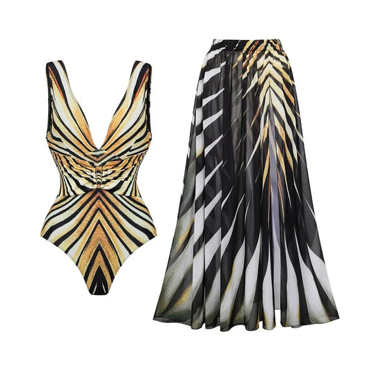2025 New Fashion Women V-neck Tiger Stripe Print One Piece Swimsuit Skirt Summer Hollow Out Backless Vacation Dresses Swimsuit