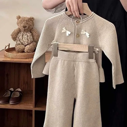 Girls' Clothing Set Spring and Autumn New Style Children's Fashion Bow Lace Knitted Cardigan Pants 2-piece Set
