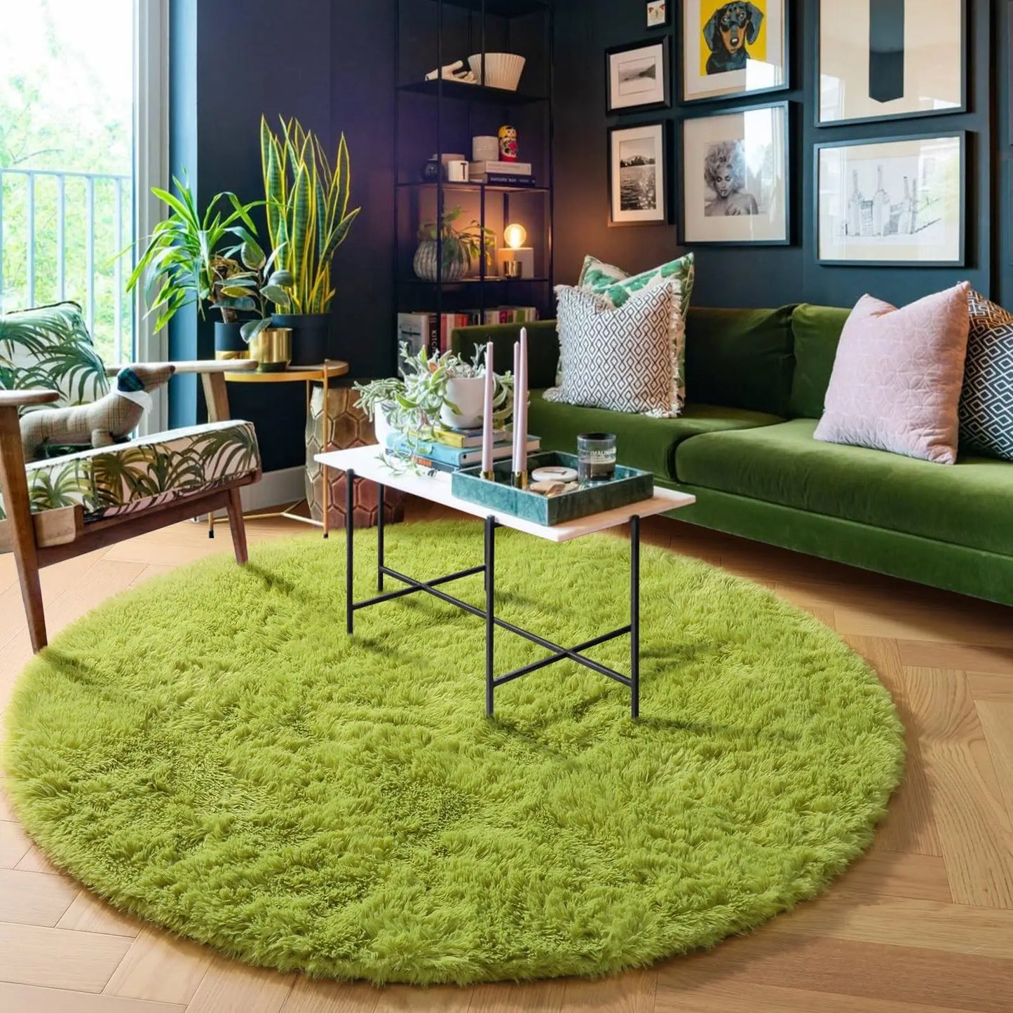vikama Grass Green Round Rug for Bedroom Home Decor Fluffy Shag Circle Area Rugs Kids Room Classroom Nursery Living Room Decor