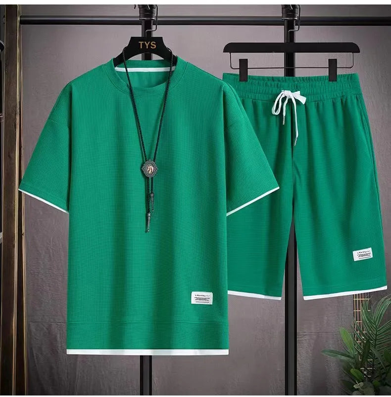 2025 New Summer Men's Waffle Set Casual T-shirt and Shorts Set Men's Sports Set Solid Color Sports Set Loose Set