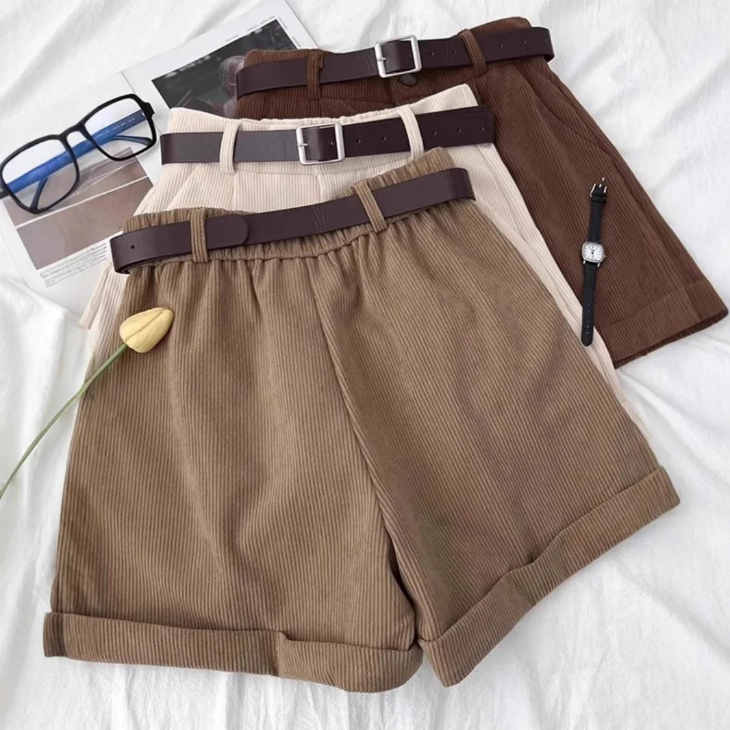 Retro Corduroy High Waist Short Pants Women's Autumn Winter Slim Wide Leg Pants Small Size Design Sense Cuffed Fashion Boot Pant
