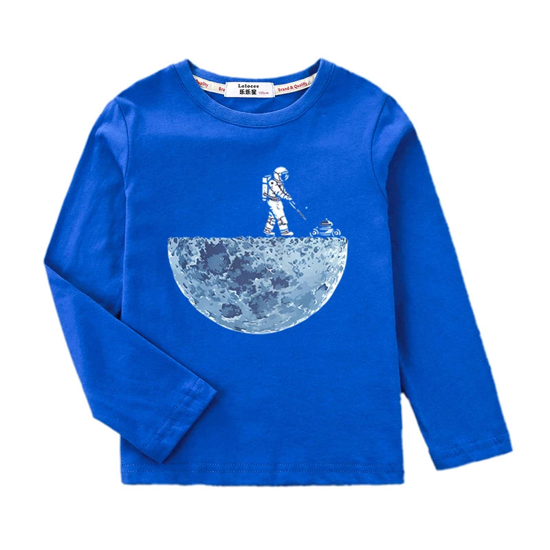 Boys Long Sleeved Shirt Astronaut Funny T-shirt Spring Autumn Cotton Clothes Kid Spaceman Fashion Tops
