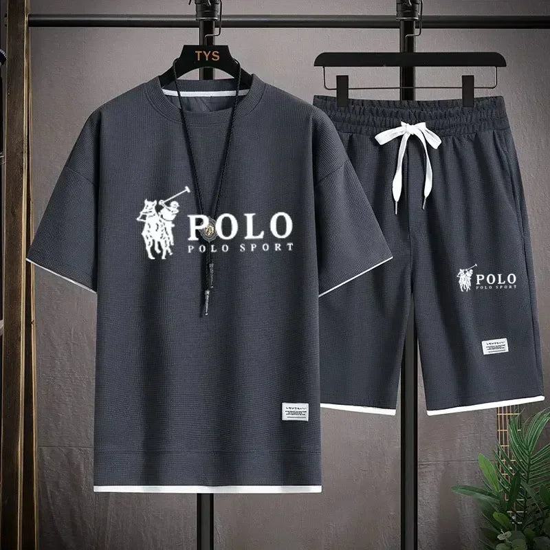 Men's two-piece short sleeved T-shirt and sports shorts summer fashion breathable casual waffle set