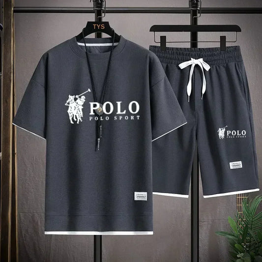 Men's two-piece short sleeved T-shirt and sports shorts summer fashion breathable casual waffle set
