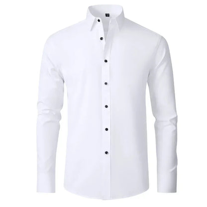 Men's long sleeved shirt, elastic, non ironing, wrinkle resistant, minimalist, business casual, silky, and traceless white shirt
