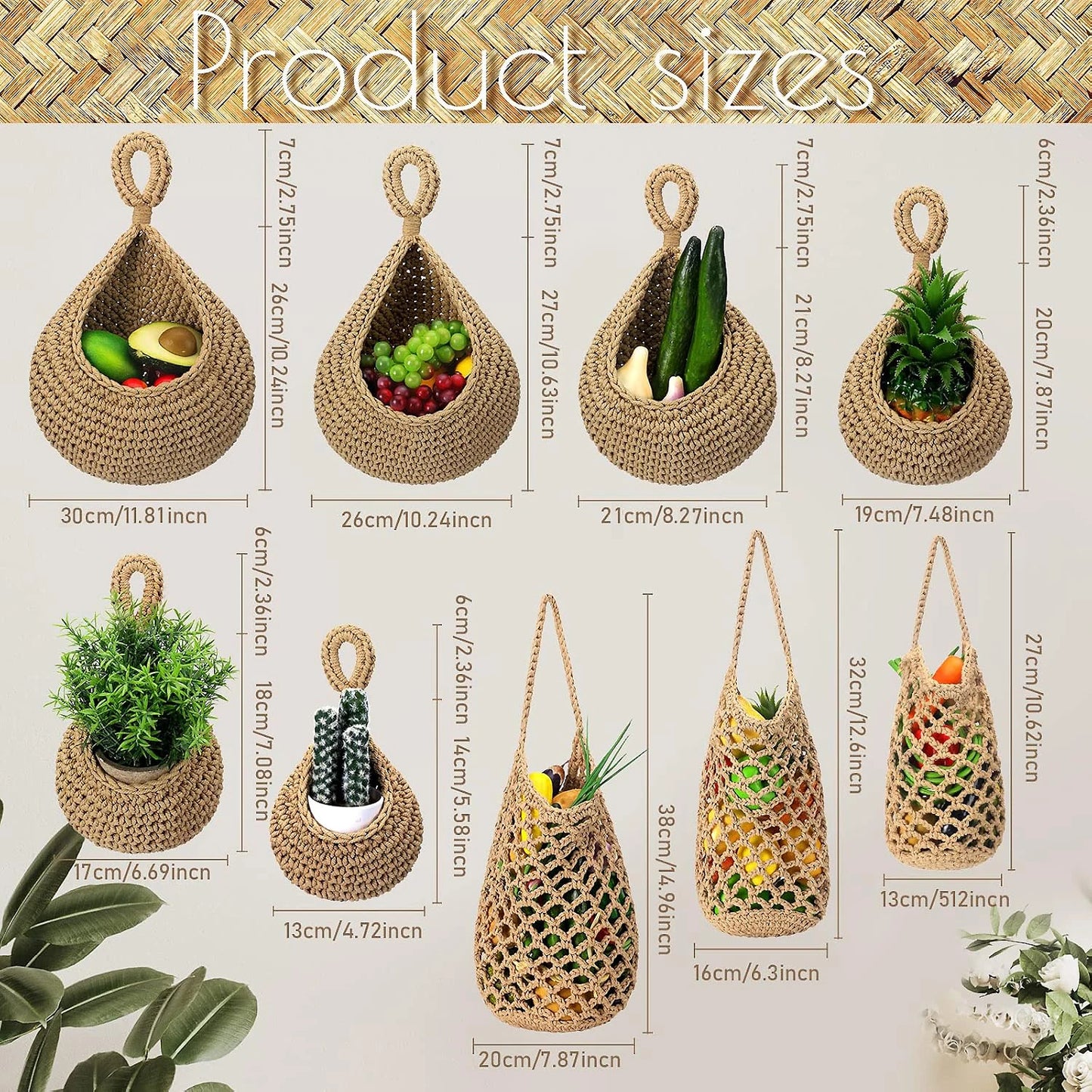 Wall-mounted Vegetable Basket Fruit Sundry Basket Natural Wicker Weave Storage Basket Kitchen Storage Home Decoration Organizer