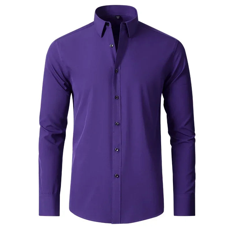 Men's long sleeved shirt, elastic, non ironing, wrinkle resistant, minimalist, business casual, silky, and traceless white shirt