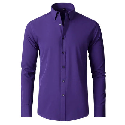 Men's long sleeved shirt, elastic, non ironing, wrinkle resistant, minimalist, business casual, silky, and traceless white shirt