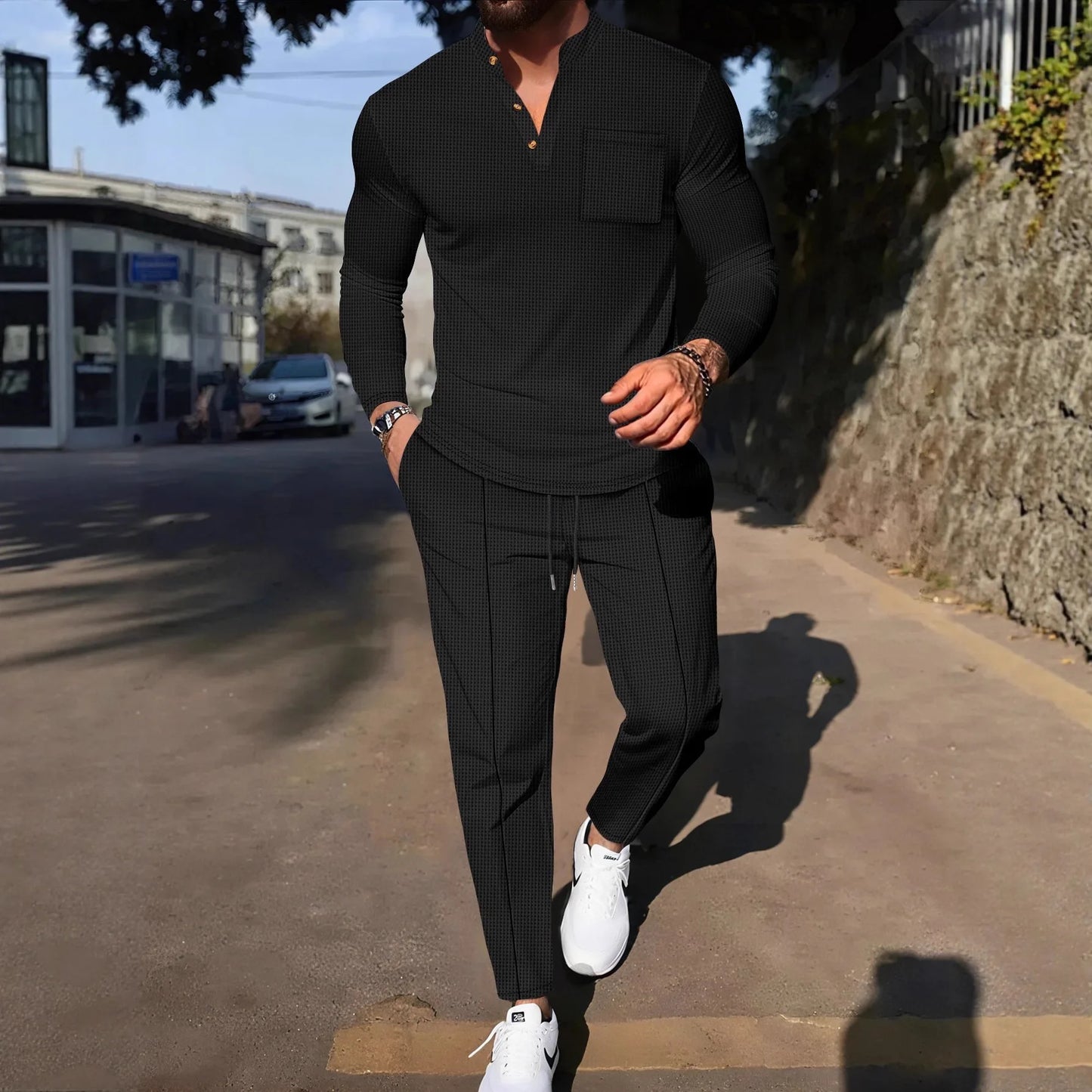 Men's Waffle Check Stand-Up Collar Semi-Casual Business Suit Button-Down Top with Comfortable Trousers have 1Pcs and 2Pcs Set