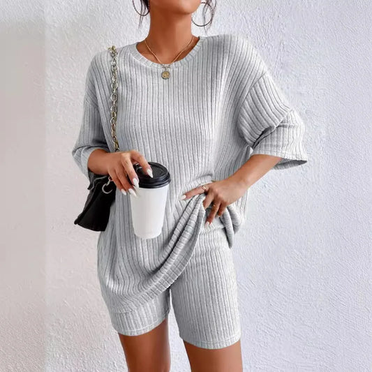 Fashionable Knitted Loose Casual Round Neck Summer Shorts Top Set Women'S Clothing Comfortable Breathable Solid Color Shorts Set
