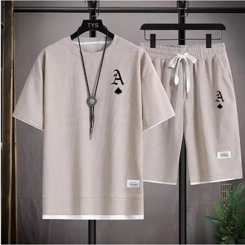Fashionable casual men's sports suit short-sleeved T-shirt and outdoor summer sports shorts two-piece set daily casual