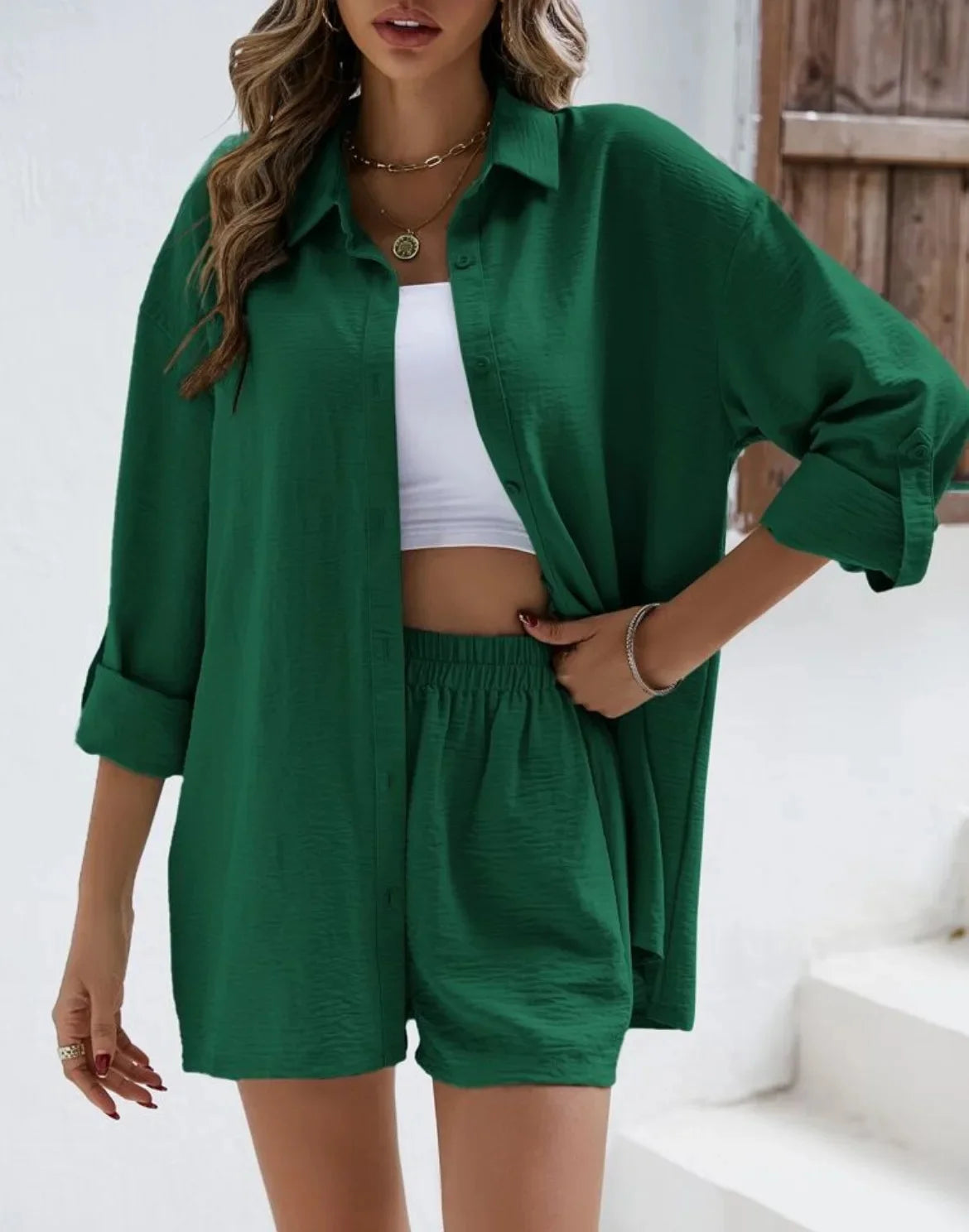 Fashionable Casual Suit Women's Clothing 2023 Spring Solid Color Lapel Long Sleeve Shirt High-Waisted Shorts Elastic Waist Skirt