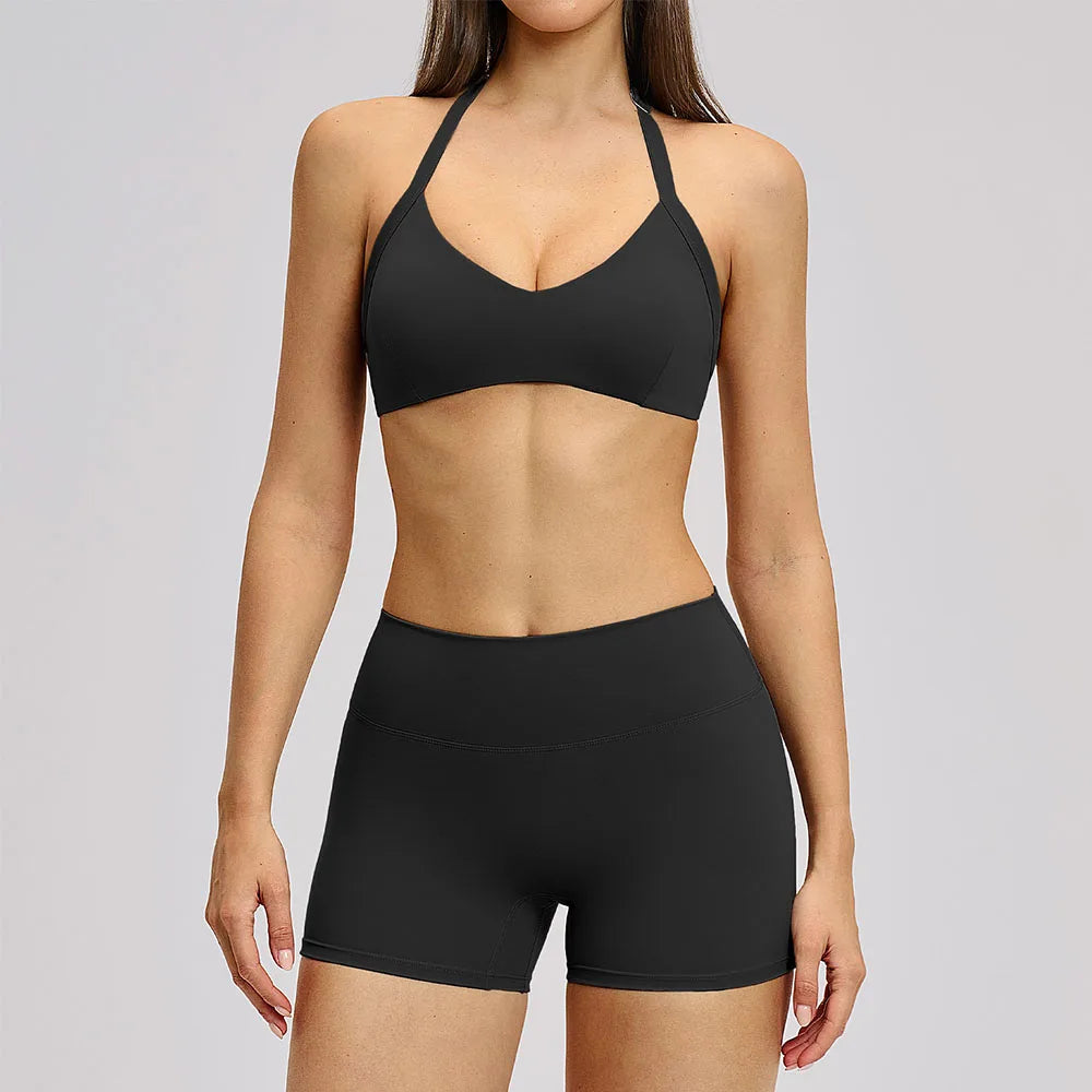 Women's Yoga Suit Breathable Quick-drying Gym Push Up Sports Set Shockproof Bra Hip Litting Leggings Shorts 2-piece Sports Set