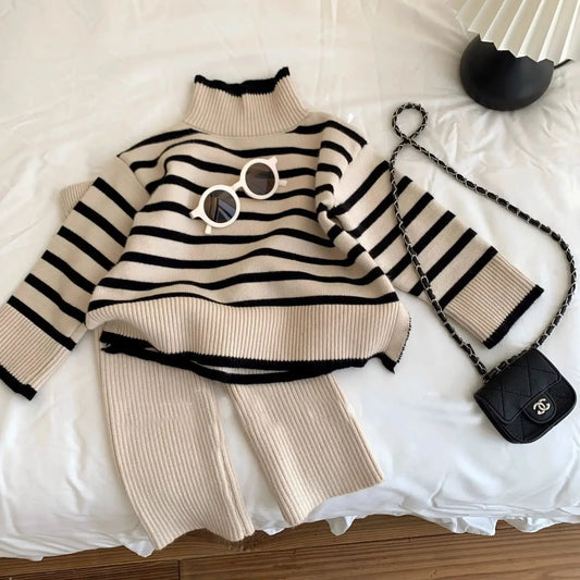 Winter Children's Sets 2Pcs Children Girls Sweater Top Over Knitted Flared Pant 0-7 Year Old Girl Clothes Knitted Sweater+Pants