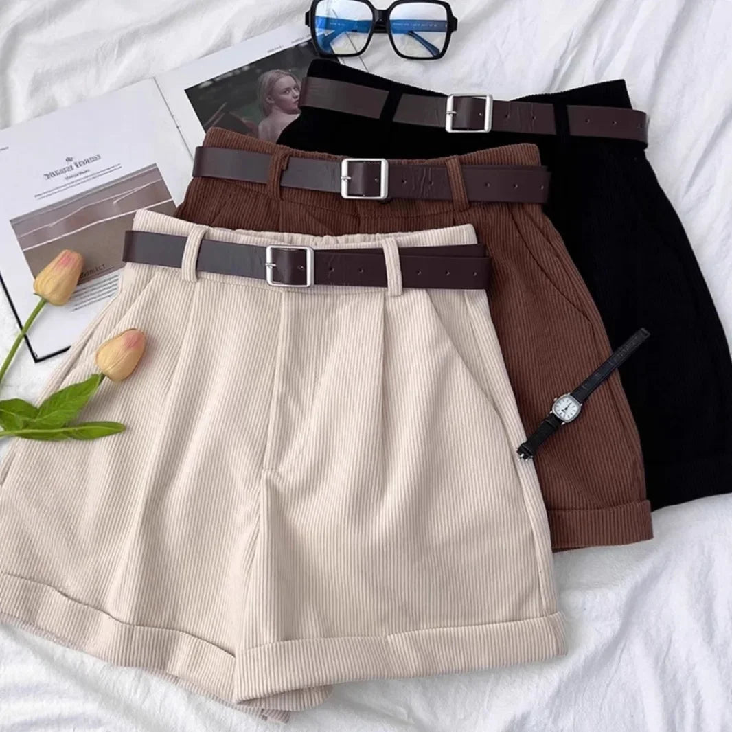 Retro Corduroy High Waist Short Pants Women's Autumn Winter Slim Wide Leg Pants Small Size Design Sense Cuffed Fashion Boot Pant