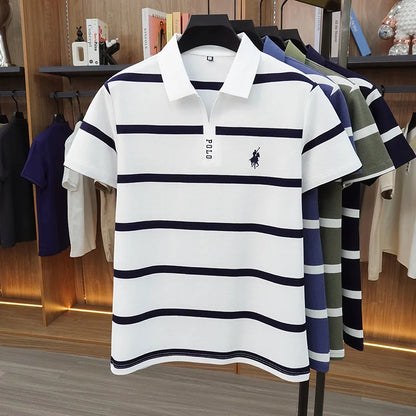 New Summer High-end Men's Embroidered Cotton Polo Shirt, Striped Lapel Short Sleeve, Young Casual Versatile Base T-shirt Tops