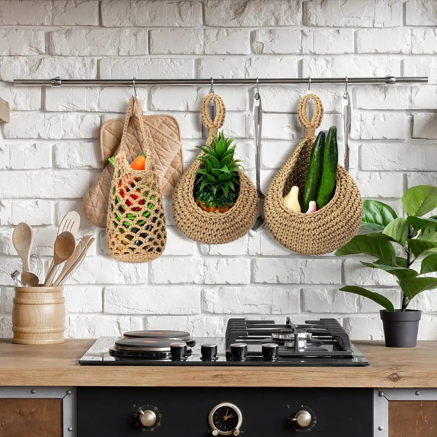 Wall-mounted Vegetable Basket Fruit Sundry Basket Natural Wicker Weave Storage Basket Kitchen Storage Home Decoration Organizer