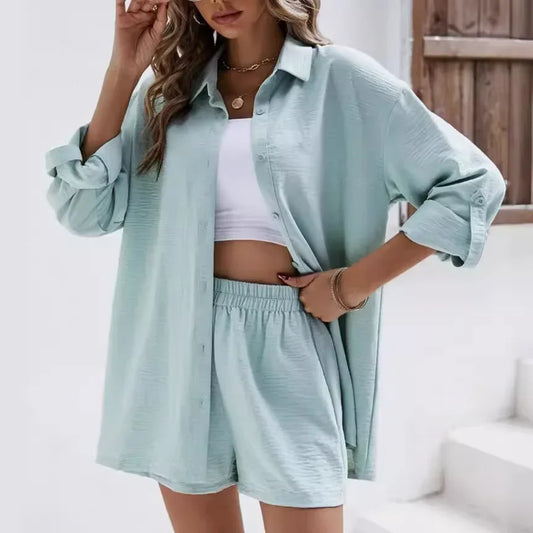 Fashionable Casual Suit Women's Clothing 2023 Spring Solid Color Lapel Long Sleeve Shirt High-Waisted Shorts Elastic Waist Skirt