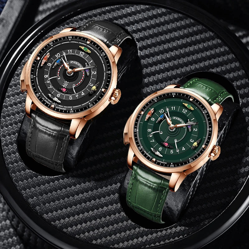 PINDU New Horse Racing Series Men Mechanical Watch NH35 Movement Horse Racing Wheel Game Design Sapphire 50m Waterproof Watch