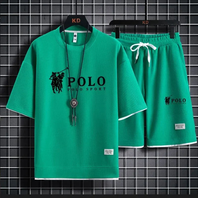 Men's two-piece short sleeved T-shirt and sports shorts summer fashion breathable casual waffle set