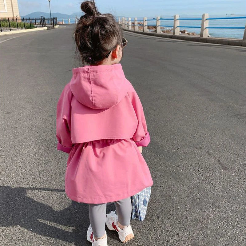 2025 Hot Selling Spring Autumn Girls Coat Long Style Waist Retractable Hoodies Windbreaker Jacket For 3-12 Years Old Kids